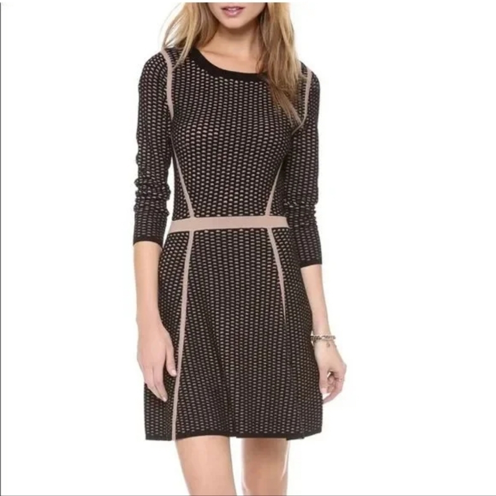 Club Monaco Women's Fit & Flare Sweater Dress Black Camel 3/4 Sleeve XS